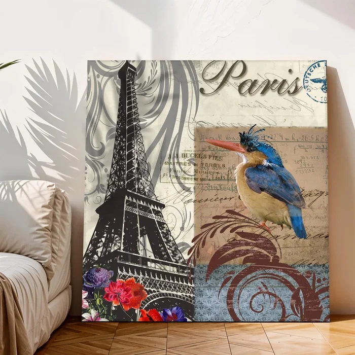Birds and Eiffel Tower Dictionary Art Print, Birds Large Decorative Canvas Modern Art Paintings.