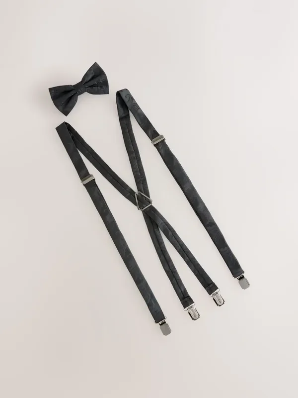 Black Floral Print Jacquard Bow Tie And Braces Set