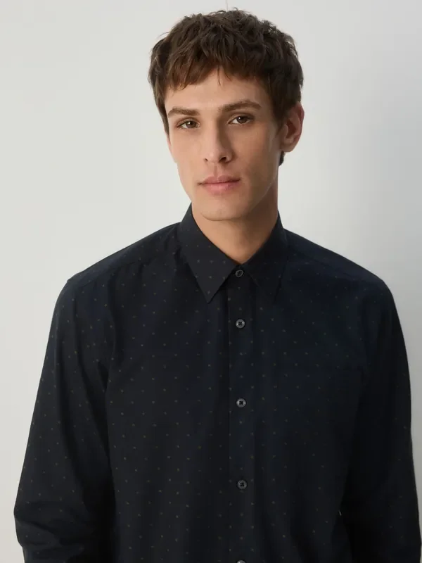 Black/Gold Regular Fit Long Sleeve Embroided Print Smart Shirt