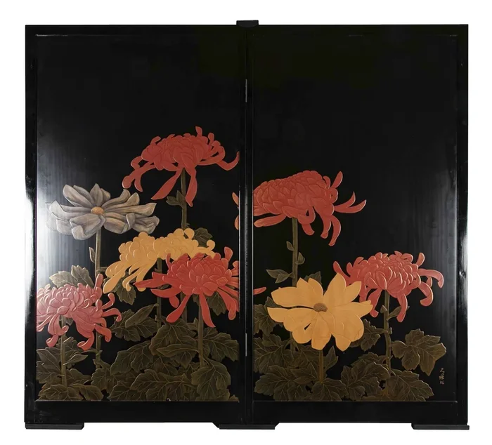 Black Lacquer Screen with Bold Red, Yellow & White Chrysanthemums Signed Kunio Saku