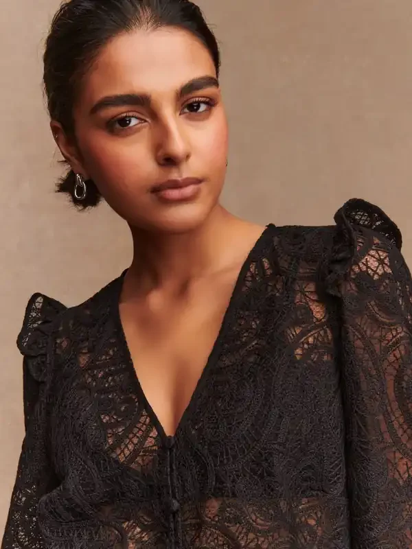 Black Paisley Lace V-Neck Blouse