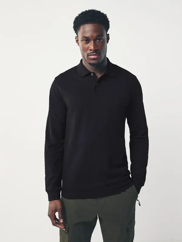 Black Slim Fit Long Sleeve Pique Polo Shirt