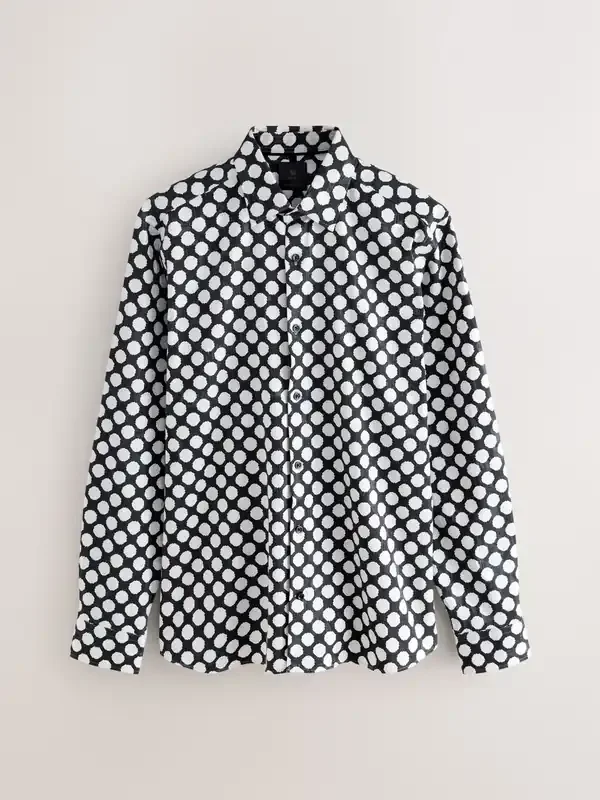 Black/White Polka Dot Printed Long Sleeve Shirt