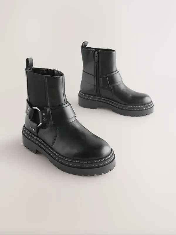 Black Wide Fit (G) Leather Chunky Harness Boots