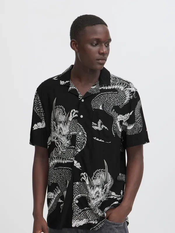 Blend Black Dragon Print Resort Short Sleeve Shirt