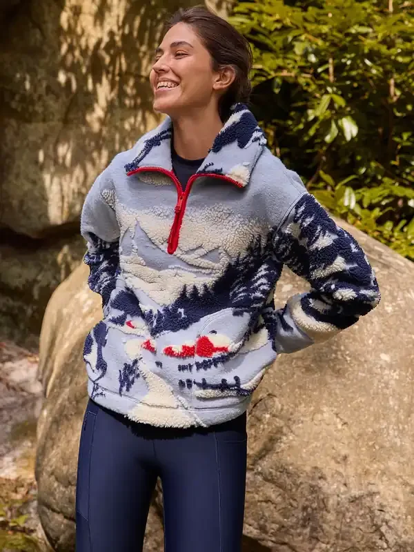 Blue Graphic Winter Scenic Soft Touch Cosy Teddy Borg Quarter Zip Fleece