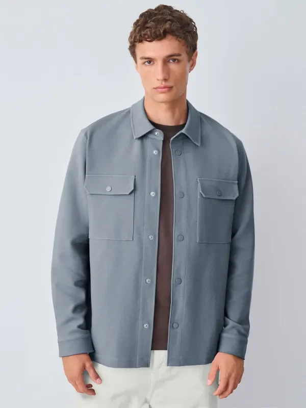 Blue Jersey Twill Popper Shacket