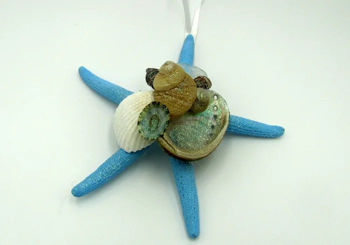 Blue Starfish Xmas Ornament Plus Shells Seaglass (1 seastar approx. 4-5+ inches) Christmas Starfish Ornament for seashell holiday gift joy!