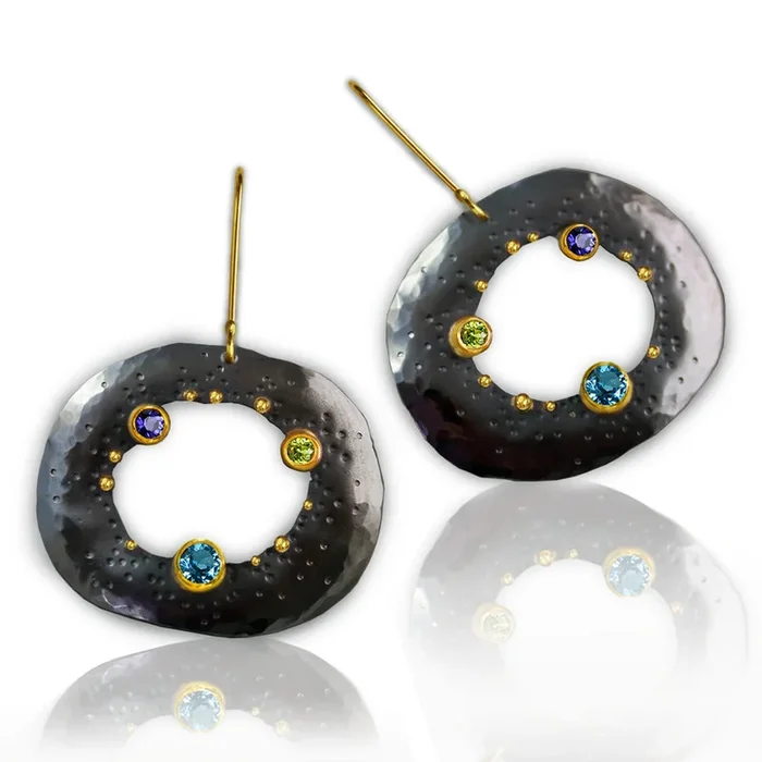 Blue Topaz and Peridot Dotted Pebble Dangle Earrings