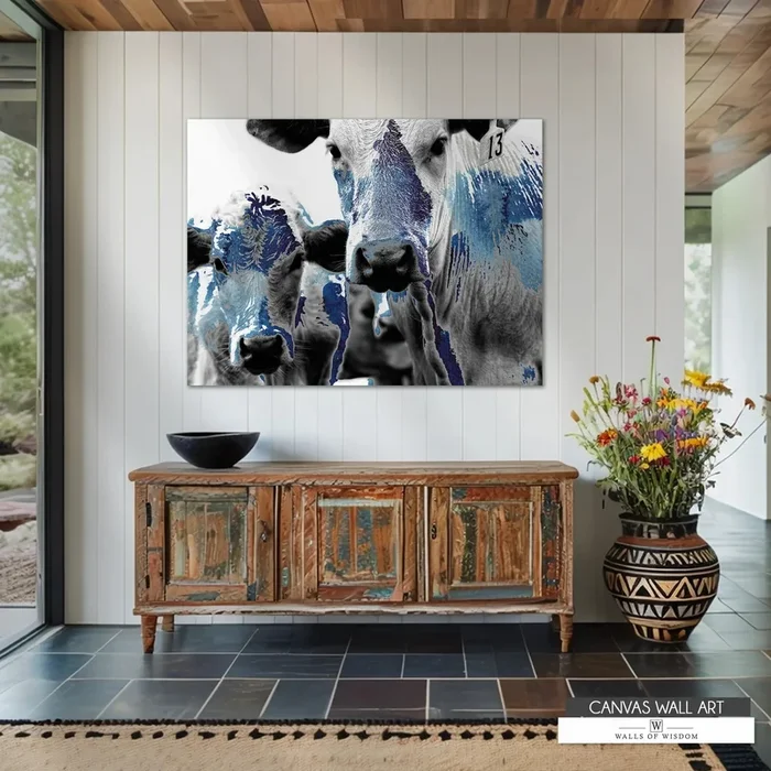 Blue Watercolor Cows Canvas – Modern Cowboy Farmhouse Wall Art