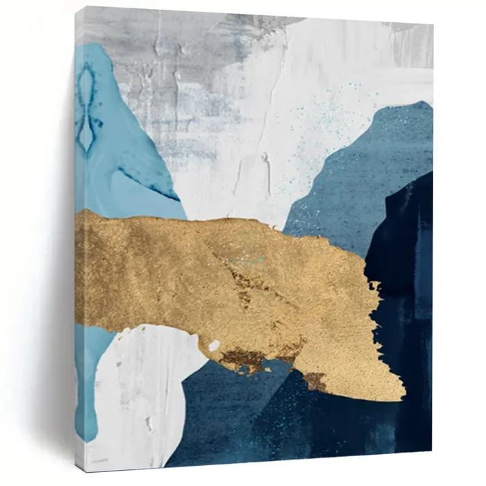 “Blue, White & Gold Abstract” – Luxe Abstract Art on Canvas DKH1527