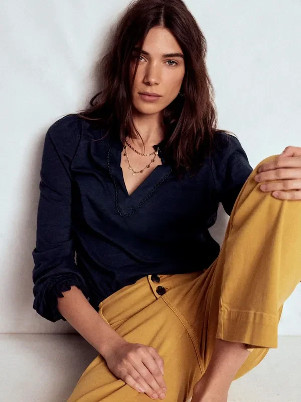 Boden Blue Aria Broderie Notch Neck Blouse