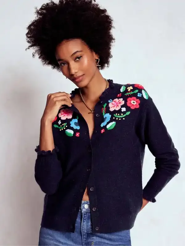 Boden Blue Tall Embroidered Frill Cardigan