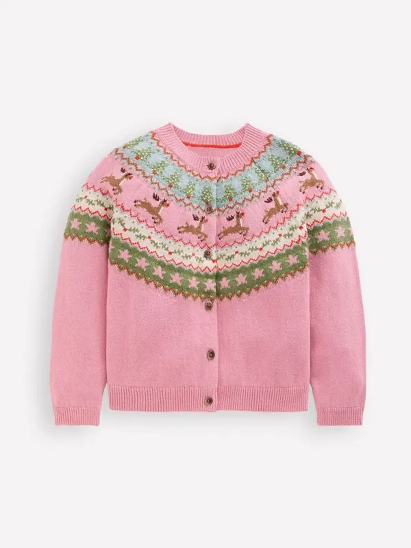 Boden Pink Edie Fair Isle Pattern Christmas Cardigan
