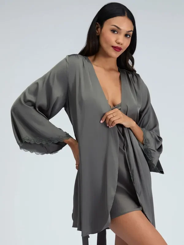Boux Avenue Green Kaya Lace Trim Satin Robe