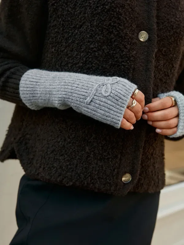 Bow Detail Grey Handwarmers Gloves