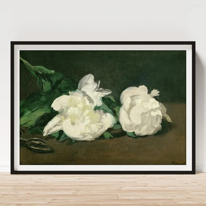 Branche de pivoines blanches et secateur, 1864 A twig of white peonies with pruning shears, 1864. Art Print