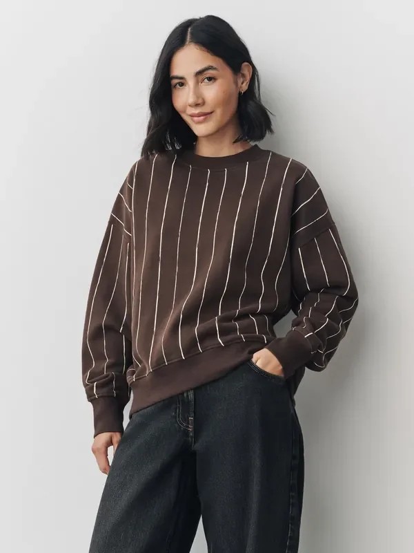 Brown/Pink Stripe Supersoft Peached Essentials Crew Neck Seam Detail Sweatshirt