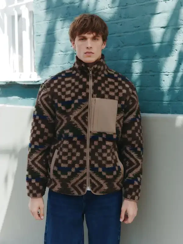 Brown/Tan Geometric Zip Through Full Zip Printed Fleece