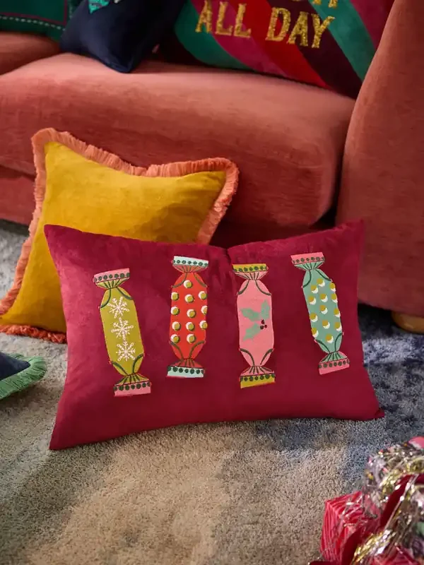 Burgundy Red 40 x 59cm Embroidered Christmas Cracker Cushion