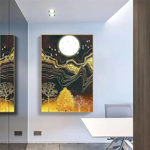 Canvas Painting Golden Emerald, Moon On Gold Line Mountain Framed Decorative Wall Art For Living Room (Size:23×35 Inch)