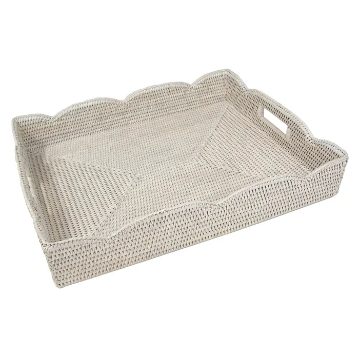 Caspari Rattan Scalloped Large Serving Tray, Cream