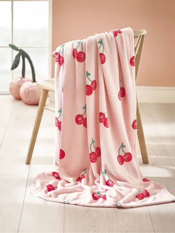 Catherine Lansfield Pink Oversized Disco Cherries Cosy Fleece Blanket Throw