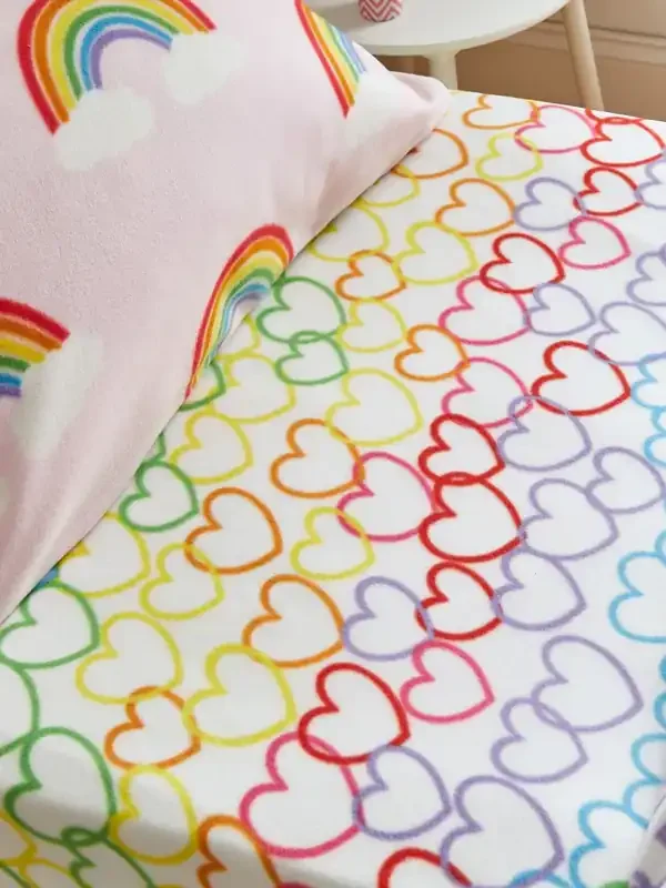 Catherine Lansfield Pink Rainbow Hearts Cosy Fleece Fitted Sheet