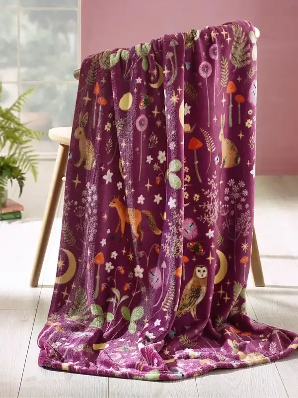 Catherine Lansfield Plum Enchanted Twilight Animals Cosy Blanket Throw