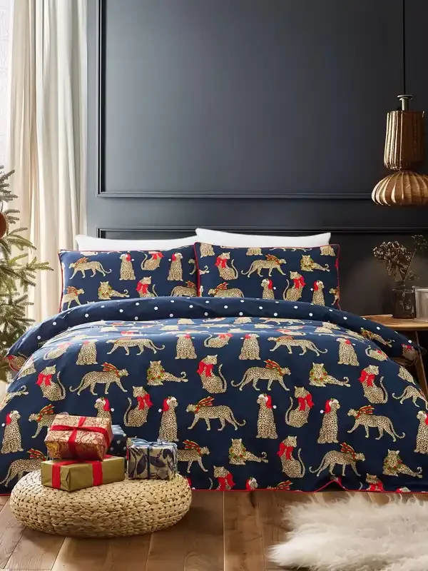 Chelsea Peers Blue Cotton Christmas Leopard Print Reversible Bedding Set