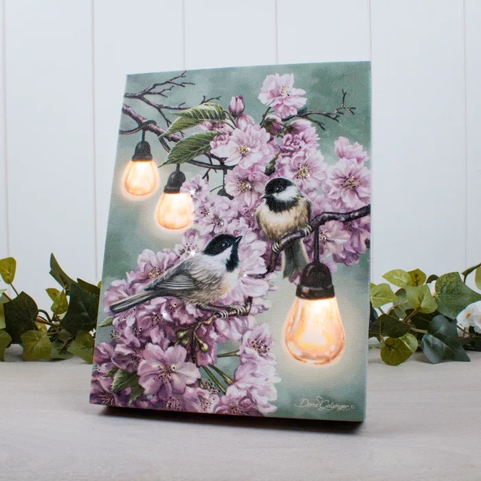 Cherry Blossom Birds 8×6 Lighted Tabletop Canvas