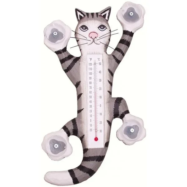 Climbing Grey Tabby Cat Small Window Thermometer