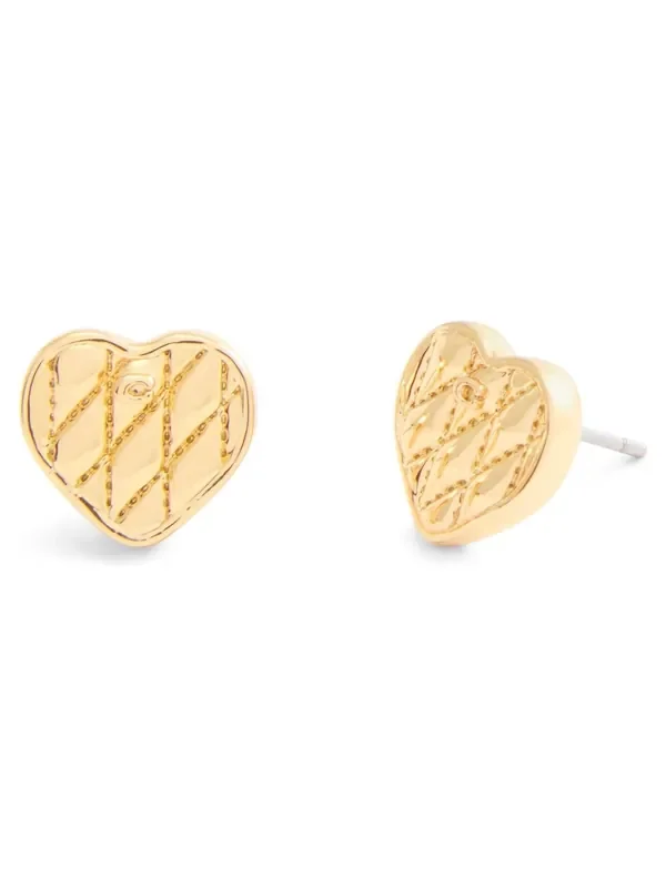 COACH Gold Tone Signature Quilted Heart Bag Stud Earrings