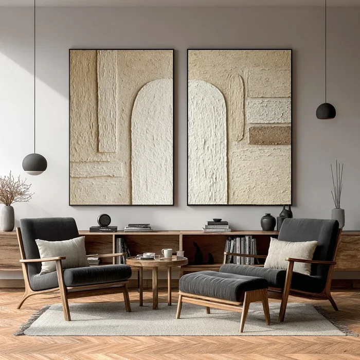 Contemporary Impasto Wall Art Diptych Neutral Tones Living #WG 040