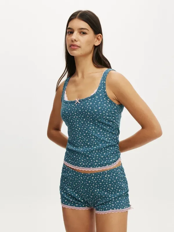 Cotton On Blue Rib Lace Ruched Tank