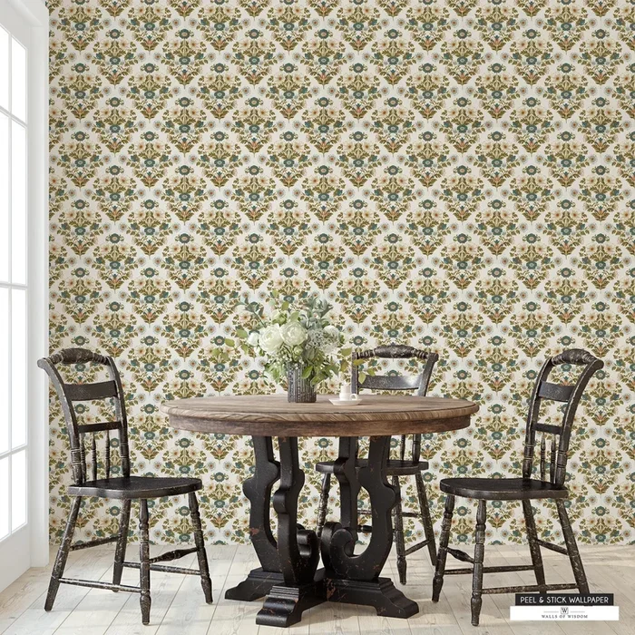 Countryside Blossom Peel and Stick Wallpaper – Retro Maximalist Cottage Floral Design