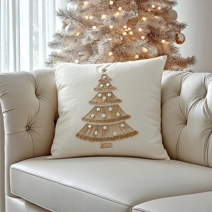 Cream & Gold Luxury Christmas Tree Cushion with Fringe Detailing – 45x