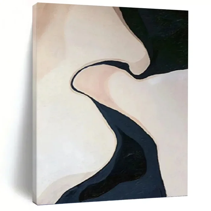 “Curved Form Abstraction” – Beige, Black Abstract Art on Canvas DKH1120