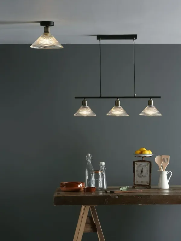 Dar Lighting Antique Brass Ribbed Glass Boyd Flush Fitting Ceiling Light