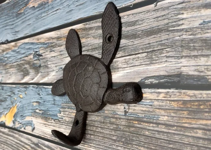 Dark Rust Cast Iron Sea Turtle Wall Hook (1 cast iron hook approx. 6+ inches) Dark Patina Sea Turtle Wall Hanger for coastal home decor!