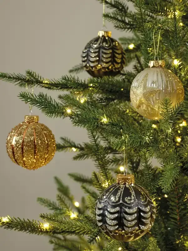 Decoris Set of 6 Gold and Black Glass Christmas Baubles