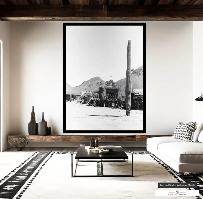 Desert Mission Church & Cactus Print Mural – High Contrast Black & White Wallpaper Art