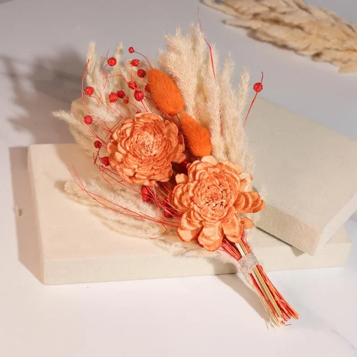 Dried Pampas Grass and Orange Artificial Flowers Bouquet Boho Dried Flower Arrangement, Natural Dry Floral Bouquet 30 cm
