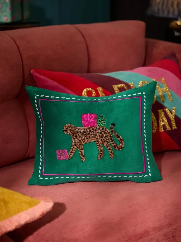 Emerald Green 30 x 40cm Beaded Leopard Print Christmas Cushion