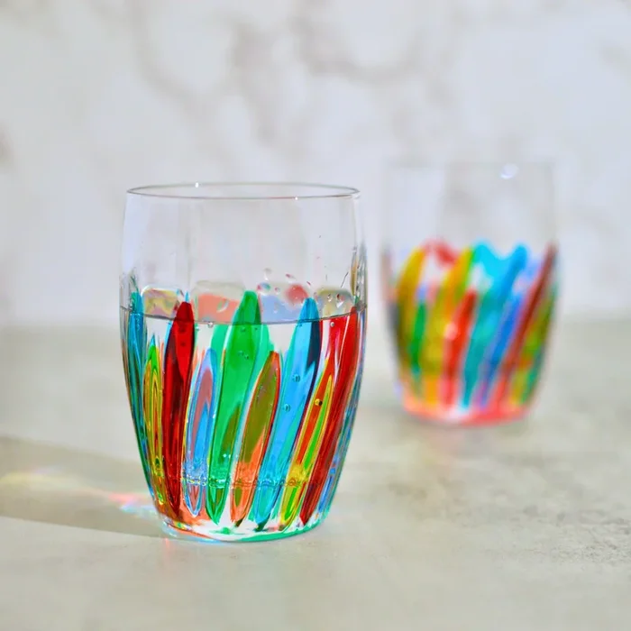 Enchanted Juice, Water, Whiskey Glass, Set of 2 Hand-Painted Italian Crystal