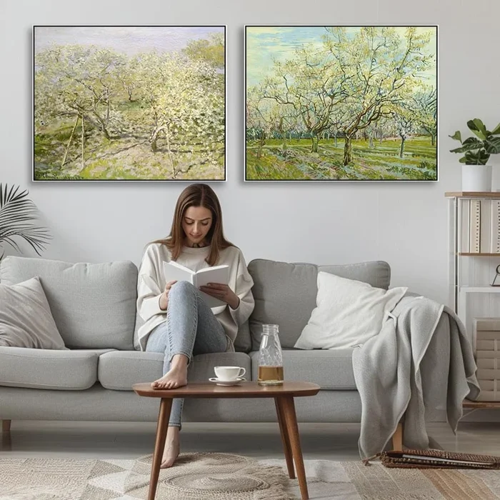 Extra Large Green Pair of Impressionist Wall Art Framed Canvas Pictures – Monet and Van Gogh Orchard Tree Paintings