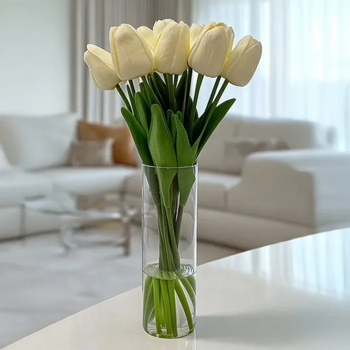 Faux Cream Tulip Floral Arrangement in Tall Glass Vase