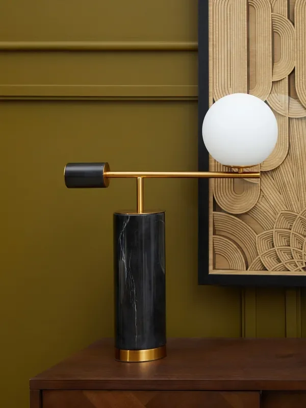Fifty Five South Black Marmo Marble Table Lamp With White Shade