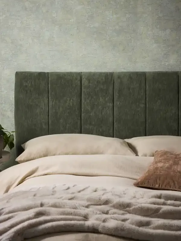 Fine Chenille Mid Khaki Green Panelled Upholstered Headboard