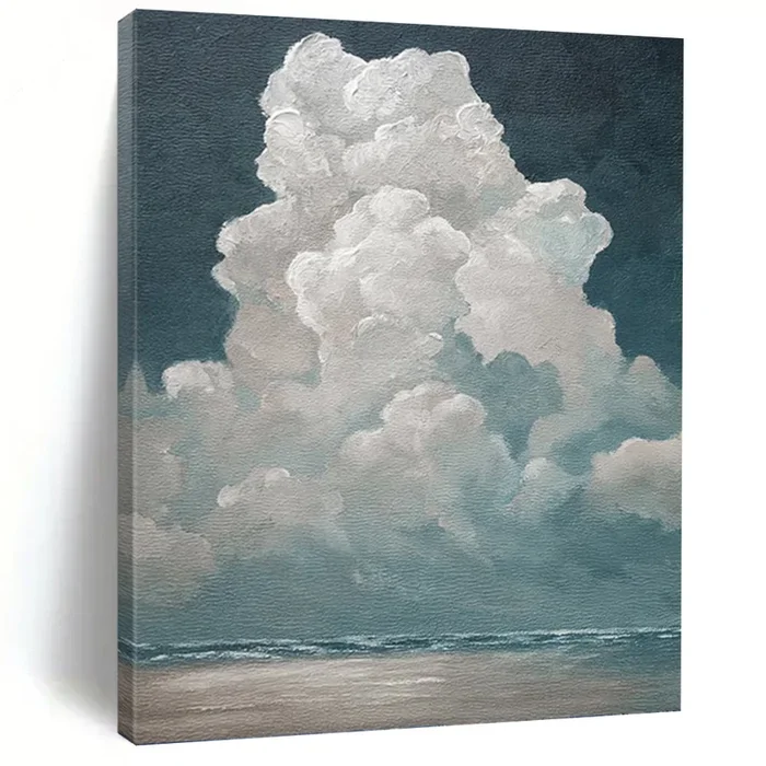 “Fluffy Clouds Over Ocean” – Serene Seaside Sky Art on Canvas DKH1459